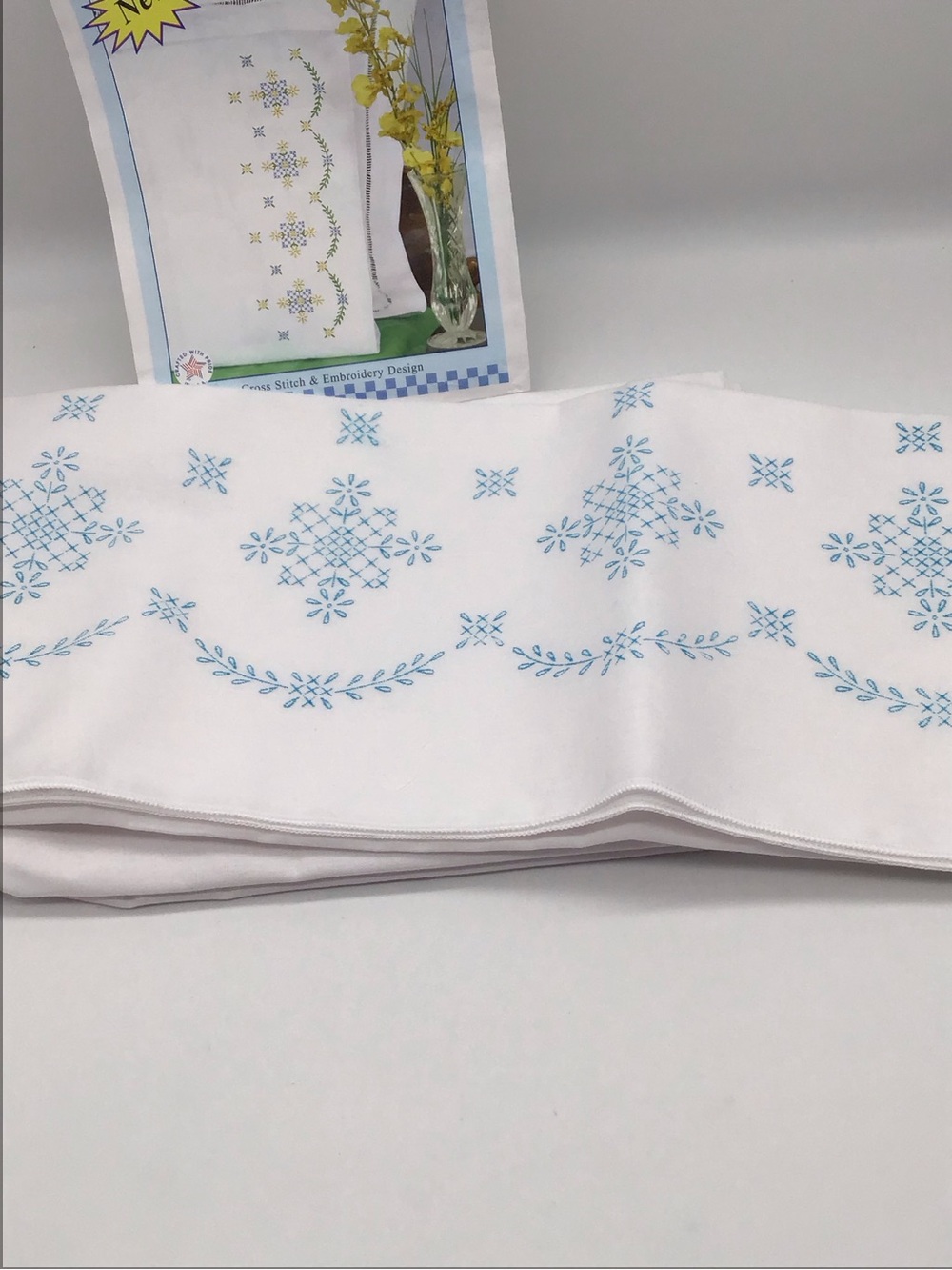 Set of 2 standard size Embroidered Blue Snowflake Decorative Pillowcase - White.
